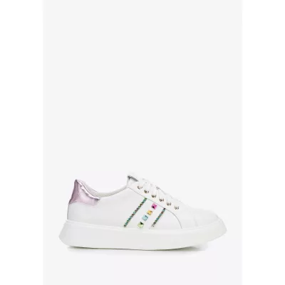 Wittchen Sneakersy z imitacji skóry z ozdobami biało - różowe